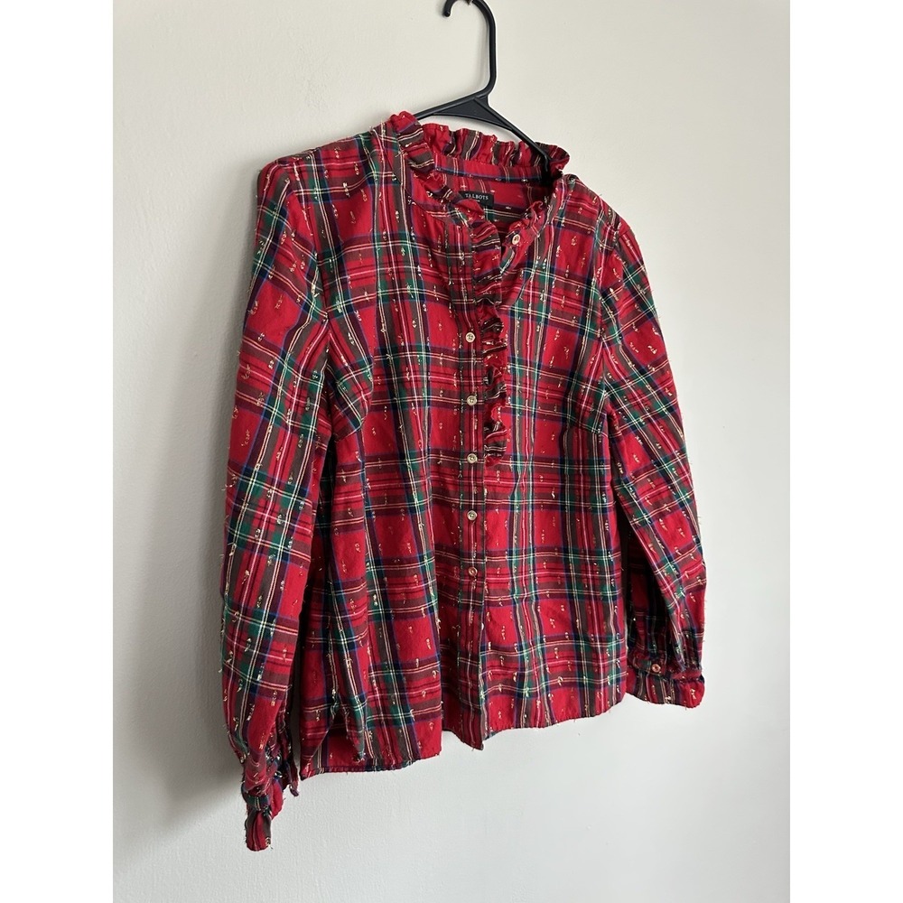 Talbots Solstice Metallic Button Down Medium Petite Stewart Tartan Scottish Twee - Picture 2 of 12